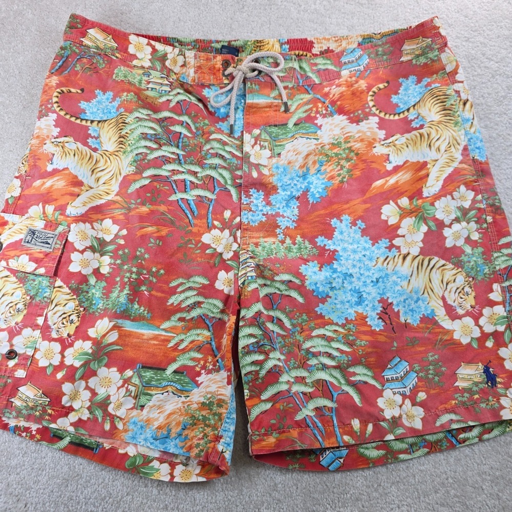 Polo Ralph Lauren Swim Shorts Mens 2XL Red Floral Tiger Print Drawstring Beach